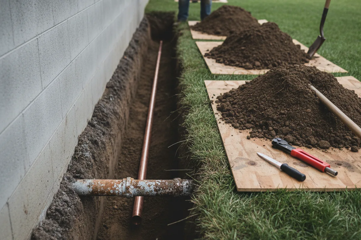 Excavated water line trench during Water Heater Repair in Port Murray
